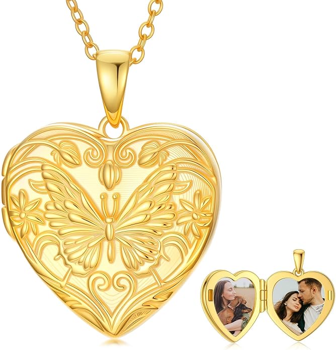 Sunflower/Butterfly Locket Necklace 925 Sterling Silver Heart Locket Necklace That Holds Pictures Personalized Photo Locket Necklace Jewelry Gifts for Women Her