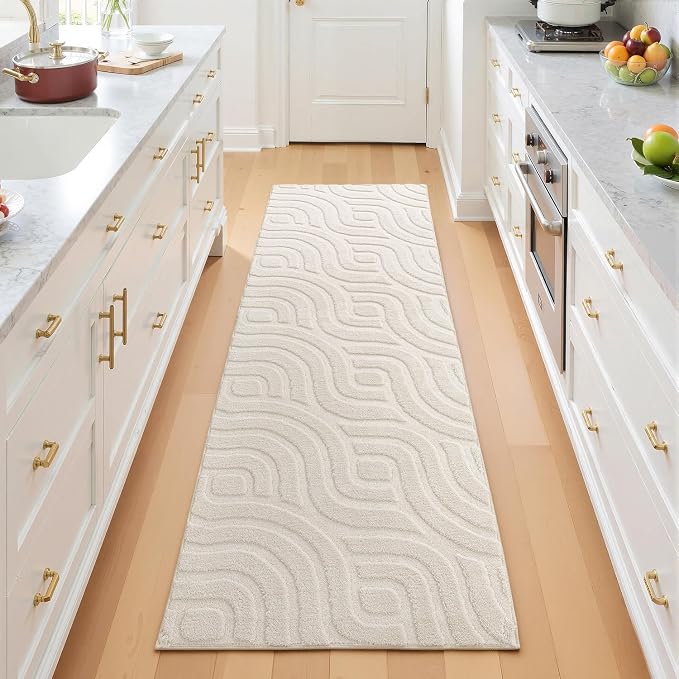 SHACOS 2x6 Runner Rugs for Bedroom Beige Solid Color Fluffy Rug for Living Room Non Slip Washable Indoor Mat Floor Carpet for Hallway Entryway Kitchen Bathroom, High-Low Pile Boho Modern Rug