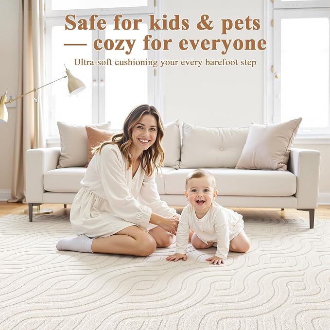 SHACOS 9x12 Large Area Rugs for Living Room Beige Solid Color Soft Fluffy Rug for Bedroom Non Slip Washable Indoor Mat Floor Carpet for Kids Room Nursery Office, High-Low Pile Boho Modern Rug