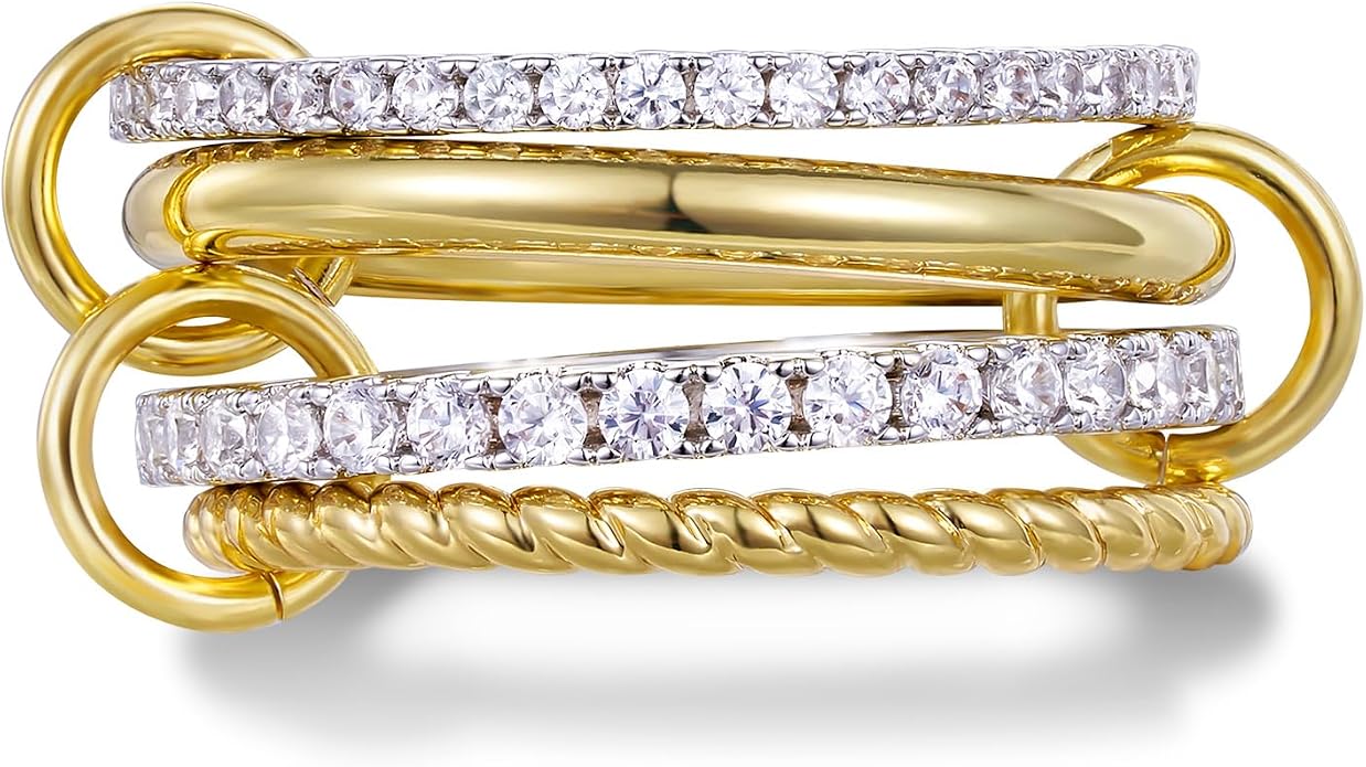 KissYan Stackable Rings for Women, 14k Gold Plate Interlocked Multi Ring Set Dainty Pave CZ Personalized Fashion Two-Toned Mixed Metals Stacking Jewelry Trendy Statement Gift