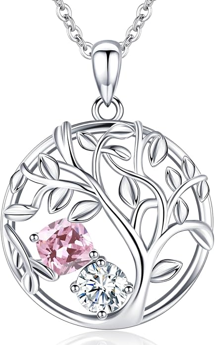 Tree of Life Birthstone Necklace for Women 925 Sterling Silver Birthstone Pendant 12 Months Necklaces with Zircon Birthday Gifts for Women, Mom, Grandma Cable Chain 18"+2"
