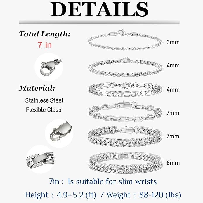 XIANNVXI 6pcs Bracelets for Men Gifts for Him Stainless Steel Bracelet Silver/Gold/Black Cuban Link Rope Paperclip Chain Bracelets Set 6.5/7/7.5/8.3/9 Inches Metal Bracelet Mens Fashion Accessories Jewelry Gifts Set