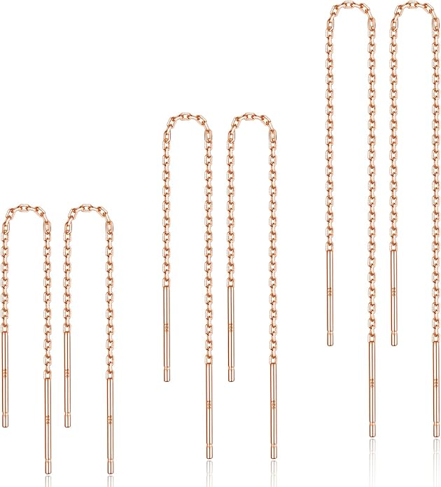 3 Pairs Threader Earrings 925 Sterling Silver Long Chain Earrings Bar/Ball Wrap Threader Drop Earrings for Women Lightweight Minimalist Mother's Day Jewelry Set