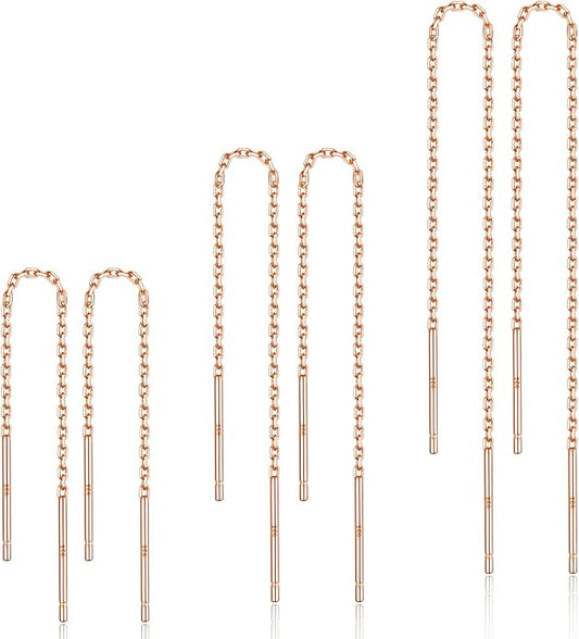 3 Pairs Threader Earrings 925 Sterling Silver Long Chain Earrings Bar/Ball Wrap Threader Drop Earrings for Women Lightweight Minimalist Mother's Day Jewelry Set