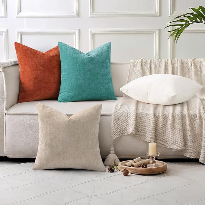 decorUhome Soft Chenille Turquoise Throw Pillow Covers 22X22 Set of 2 | Decorative Fall Couch Pillow Covers Solid Dyed Accent Modern Euro Sham Farmhouse Neutral Square Pillow Cases for Sofa