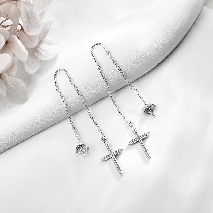 Cross/Heart Threader Earrings 925 Sterling Silver Long Earrings Chain Earrings Long Dangle Earrings for Women