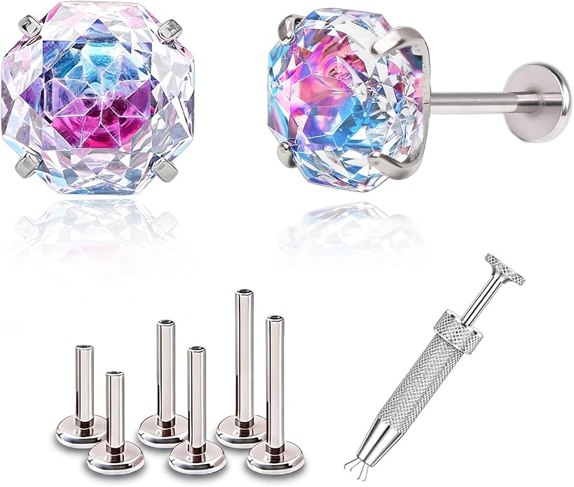 Flat Back G23 Titanium Stud Earrings, Hypoallergenic Titanium Cubic Zirconia Piercing Ear Studs, Versatile Eyebrow Lip Labret Cartilage Helix Sleeper 18G Jewelry for Women Men