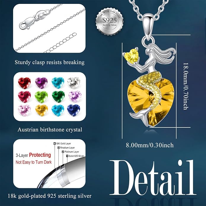 Mermaid Birthstone Necklace for Women 925 Sterling Silver Jewelry Austrian Crystal Pendant Christmas Gifts for Her