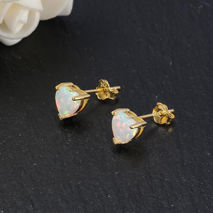 CiNily 925 Sterling Silver Stud Earrings for Women Teen, Heart Opal Stud Earrings, Dainty Cartilage Small Studs for Men, Heart Birthstone Earrings Lightweight Opal Jewelry for Mothers Day Birthday