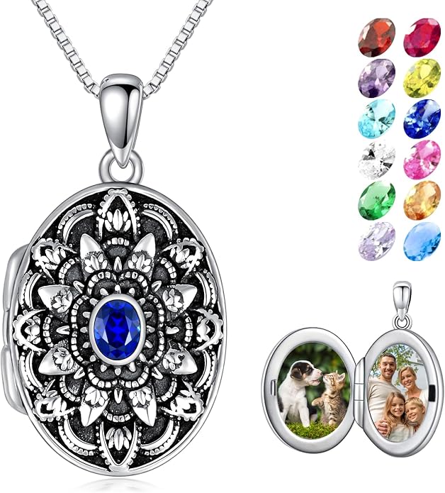Round/Heart/Oval Shape Locket Necklace That Holds Pictures 925 Sterling Silver Personalized Birthstone Photos Engraved Locket Pendant Birthday Memorial Jewelry Gift for Women