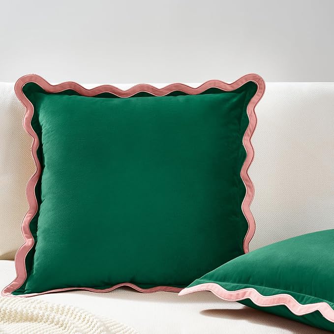 MONDAY MOOSE Decorative Throw Pillow Covers Cushion Cases, Set of 2 Soft Velvet Scalloped Wavy Edge Designs, Mix and Match for Home Decor, Pillow Inserts Not Included (20x20 inch, Pink/Green)