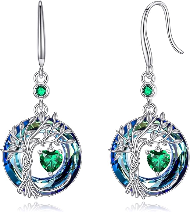 POPLYKE Tree of Life Birthstone Earrings 925 Sterling Silver Dainty Gemstone Birthstone Dangle Drop Earring with Crystal Fine Jewelry Birthday Gifts for Women Her
