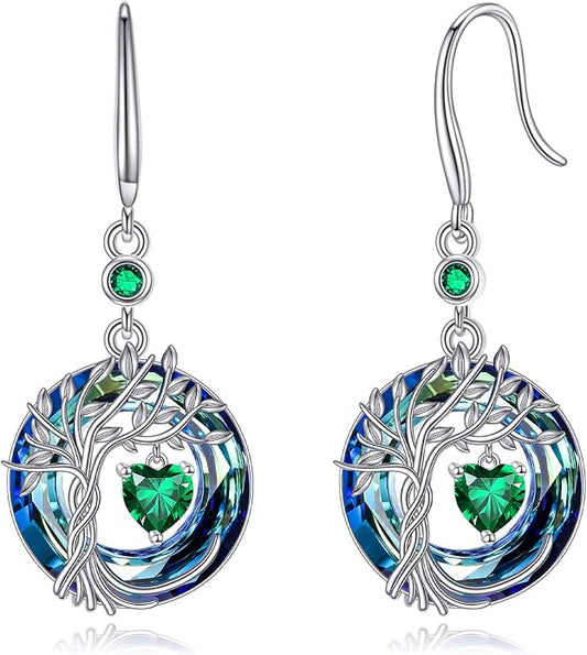 POPLYKE Tree of Life Birthstone Earrings 925 Sterling Silver Dainty Gemstone Birthstone Dangle Drop Earring with Crystal Fine Jewelry Birthday Gifts for Women Her
