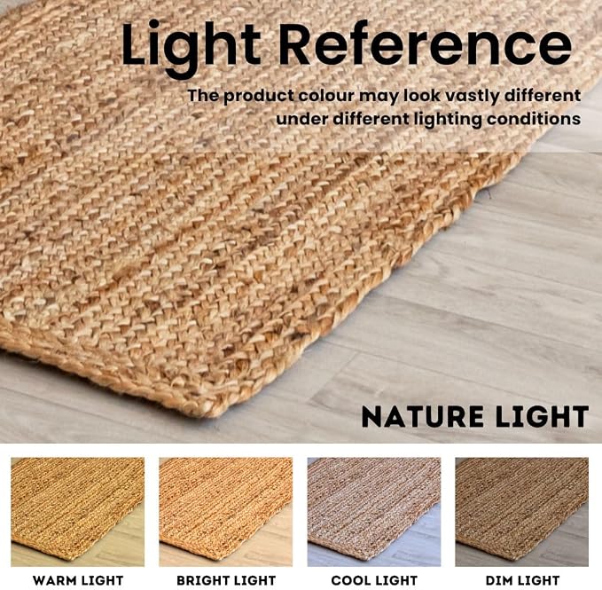 HOMEMONDE Reversible Oval Jute Area Rug - 5 x 8 ft Hand Woven Natural Fiber - Farmhouse Braided Rugs for Dining Room/Hallway/Office/Kitchen/Bedroom (Natural)