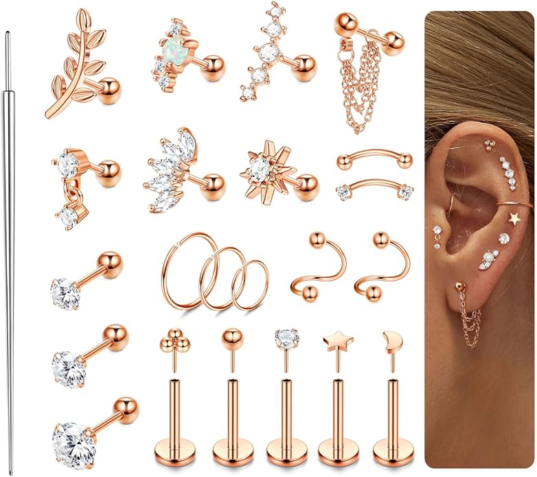 ORAZIO 16 Gauge Cartilage Earrings for Women-Hypoallergenic Surgical Stainless Steel Tragus Earring Set Threadless Flat Back Earrings Push in Nose Studs Daith Conch Tragus Helix Piercing Jewelry