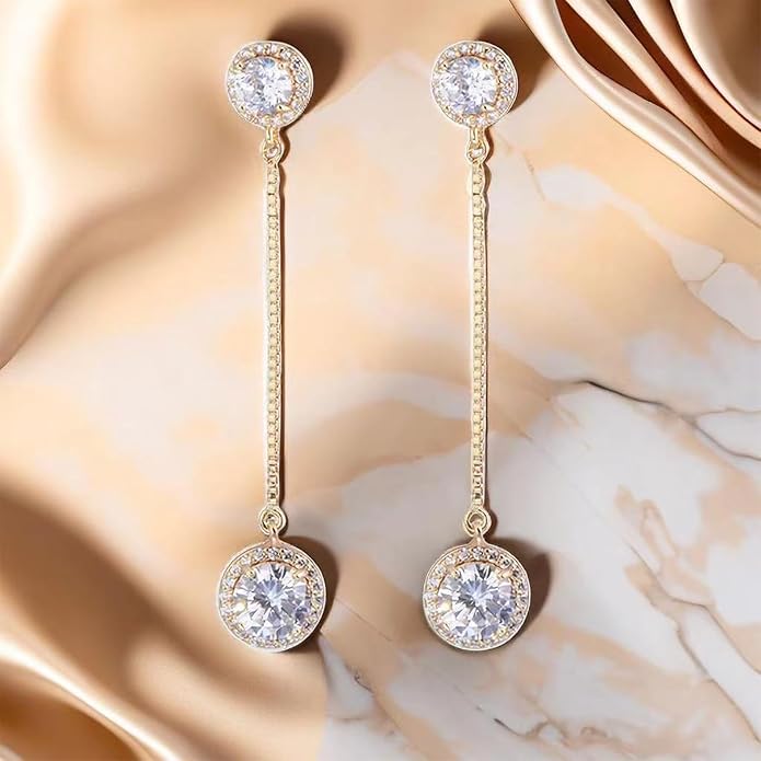 Crystal Linear Drop Earrings - Womens Sterling Silver Round Cubic Zirconia CZ Diamond Rhinestone Long Chain Dangle Earrings Bridal Drop Earrings for Wedding Bride Bridesmaids