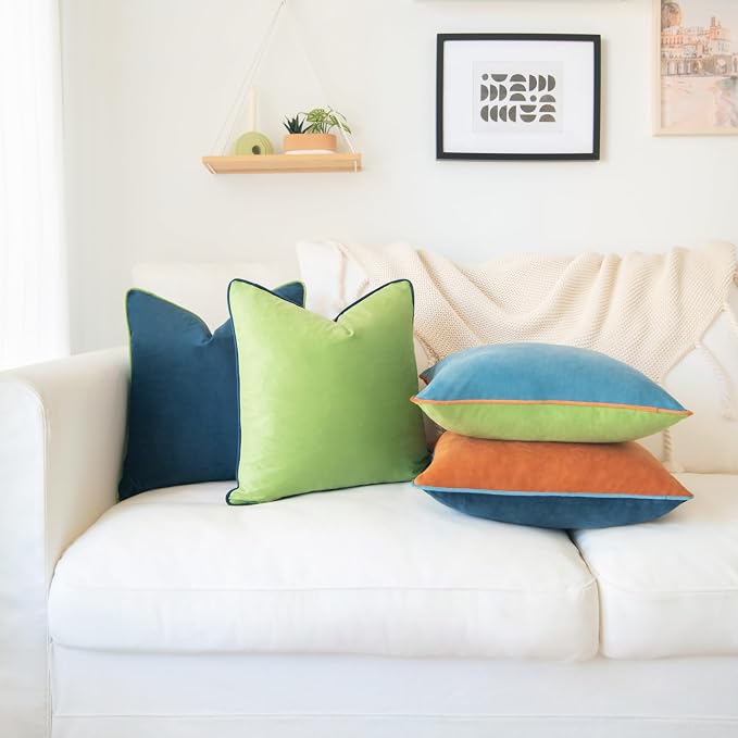 MONDAY MOOSE Decorative Throw Pillow Covers Cushion Cases, Set of 4 Soft Velvet Modern Double-Sided Designs, Mix and Match for Home Decor, Pillow Inserts Not Included (18x18 inch, Blue/Orange)
