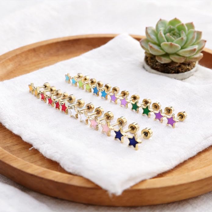 JMLOON 12 Pairs Enamel Flat Back Stud Earrings Surgical Stainless Steel Round Heart Star Square Hexagon Screw Back Stud Earrings