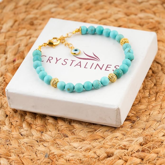 AAA Grade Natural Gemstone Beaded Bracelet, 14K Gold Plated with Evil Charm, Wicca & Reiki Healing Crystals, Handmade Bohemian Jewelry, Christmas Gift for Women (7+1inch)