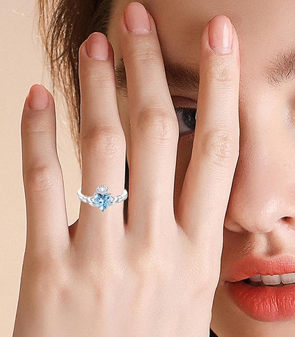 Claddagh Rings for Women 925 Sterling Silver Irish Birthstone Statement Ring Jewelry for Wife