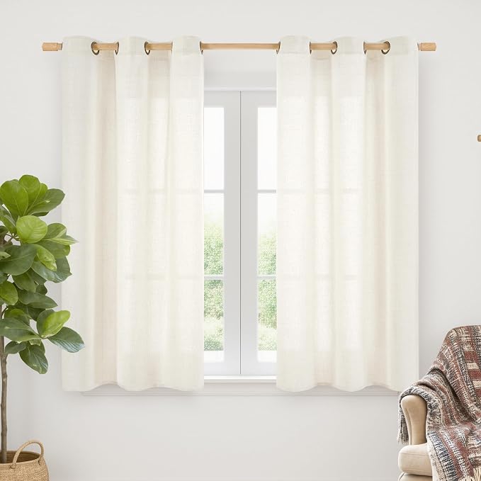 YoungsTex Ivory Linen Curtains 45 Inch Length for Short Window, Light Filtering Semi Sheer Drapes with Bronze Grommet Privacy for Kitchen Living Room Windows Rustic, 42 x 45 Inch, 2 Panels