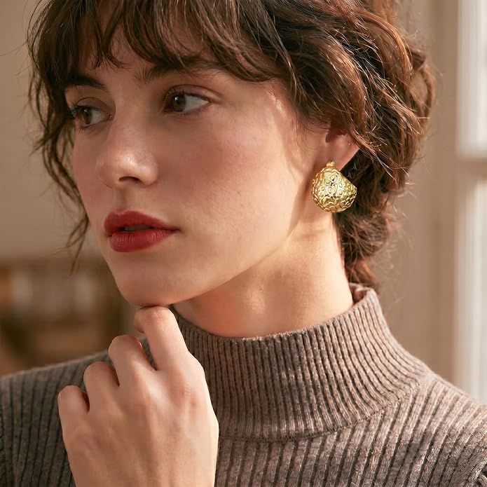 AiliFe Chunky Gold Earrings 14K Gold Plated Ball Earrings Huggie Hoop Statement Earrings Vintage Leverback Thick Hypoallergenic Earring for Women