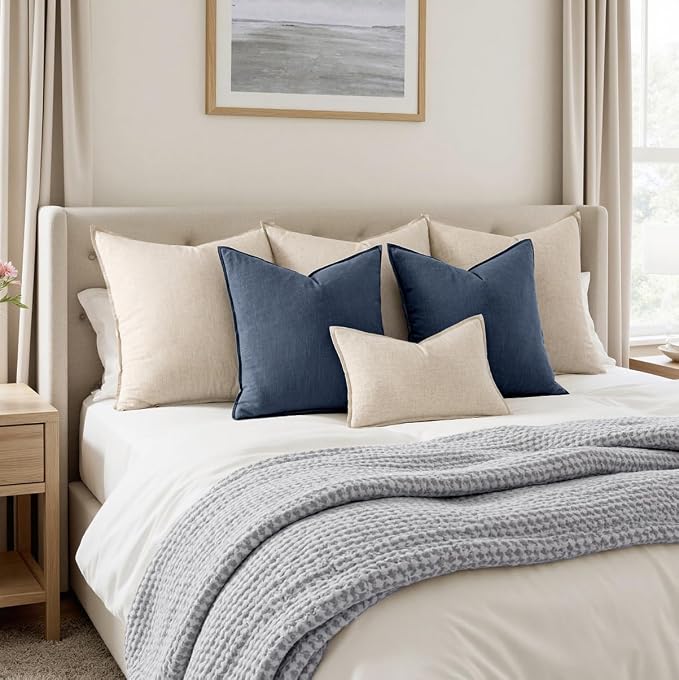 MIULEE Decorative Linen Euro Sham Pillow Covers 24x24 Indigo Blue | Boho Farmhouse Neutral Couch Throw Pillows for Bed, Pack of 2 Accent Coastal Modern Pillowcases, Sofa Livingroom Home Decor