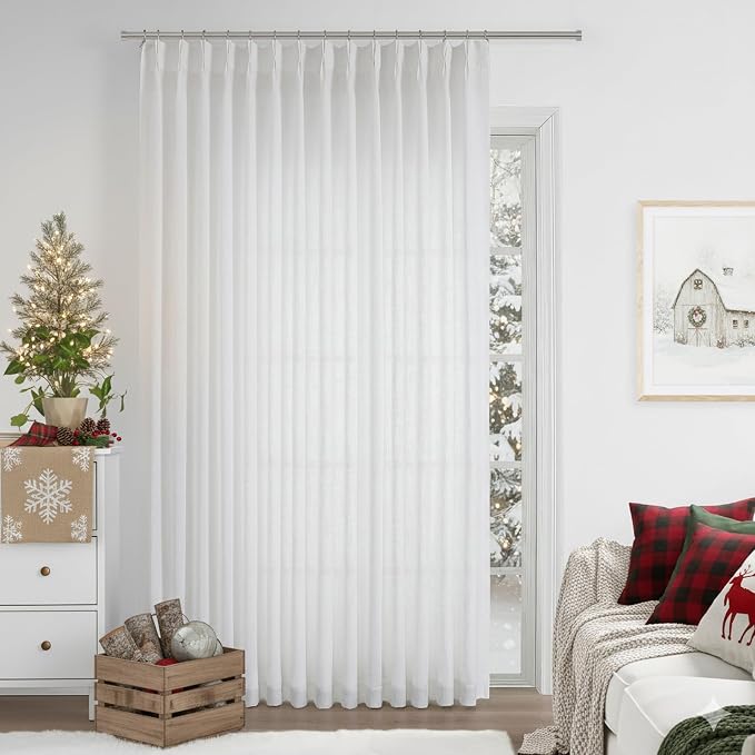 Vision Home White Pinch Pleated Semi Sheer Curtains Textured Light Filtering Window Curtains 108 inch for Living Room Bedroom Patio Rayon Blended Pinch Pleat Drapes with Hooks 1 Panel 80" Wx108 L