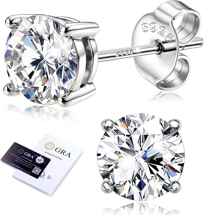 Moissanite Stud Earrings 18K White Gold Plated Brilliant Round Cut Solid 925 Sterling Silver Hypoallergenic Dainty Moissanite Jewelry for Sensitive Ear D Color VVS1 Clarity for Women Men 0.8CT-3CT