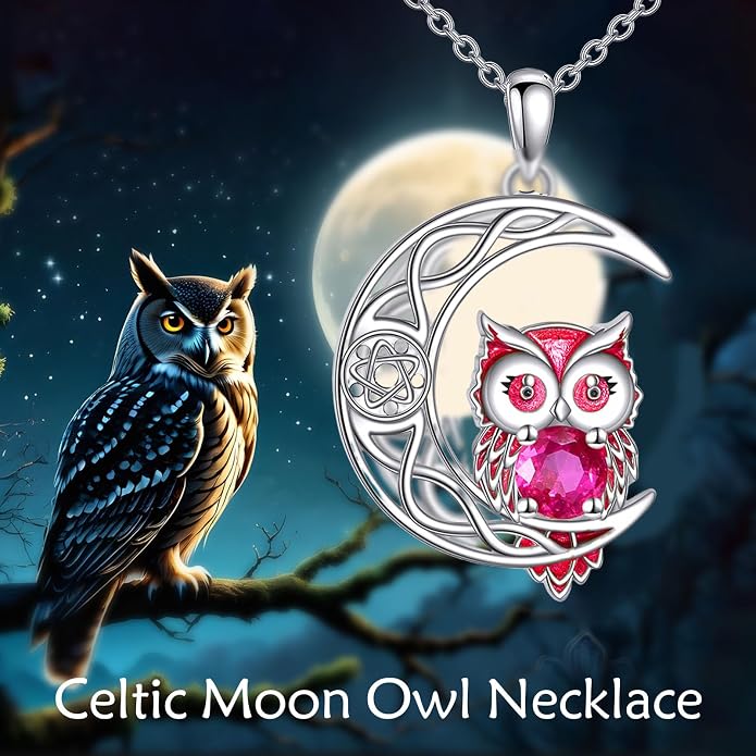 Owl Birthstone Necklace Sterling Silver Celtic Moon Pendant Cubic Zirconia Owls Jewelry Birthday Gifts for Women Men