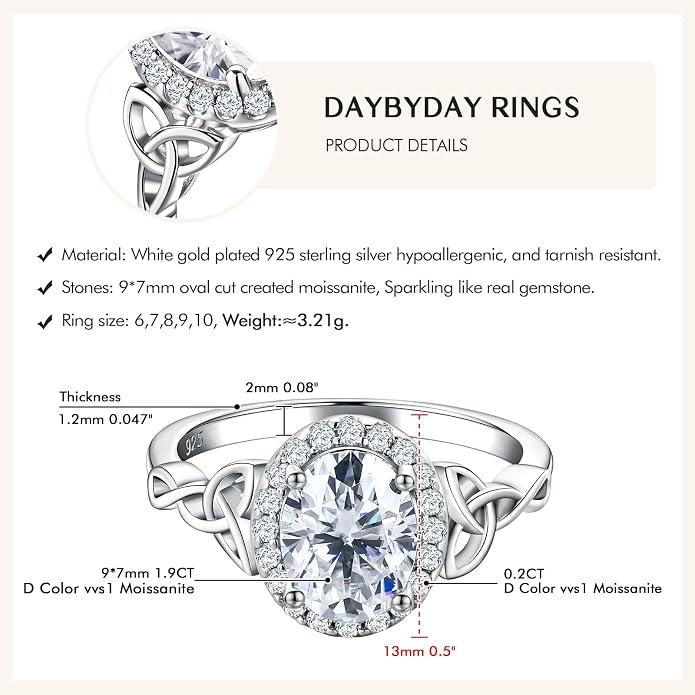 DAYBYDAY Celtic Birthstone Rings for Women 925 Sterling Silver Heart/Round/Pear/Oval Created Gemstone Moissanite Halo Engagement Promise Rings for Her Wife Birthday Anniversary Wedding Jewelry