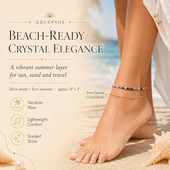 2Pcs Beaded Anklets for Women, Natural Stone Bead Ankle Bracelets with 14K Gold Plated Chain, Waterproof Adjustable Layered Anklet Set, Boho Beach Summer Jewelry Gift
