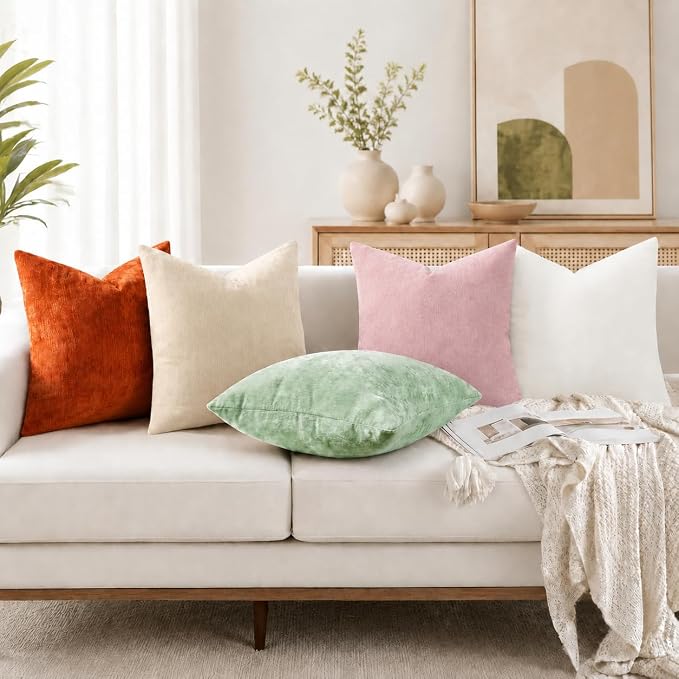 decorUhome Soft Chenille Beige Throw Pillow Covers 24X24 Set of 2 | Decorative Fall Couch Pillow Covers Solid Dyed Accent Modern Euro Sham Farmhouse Neutral Square Pillow Cases for Sofa