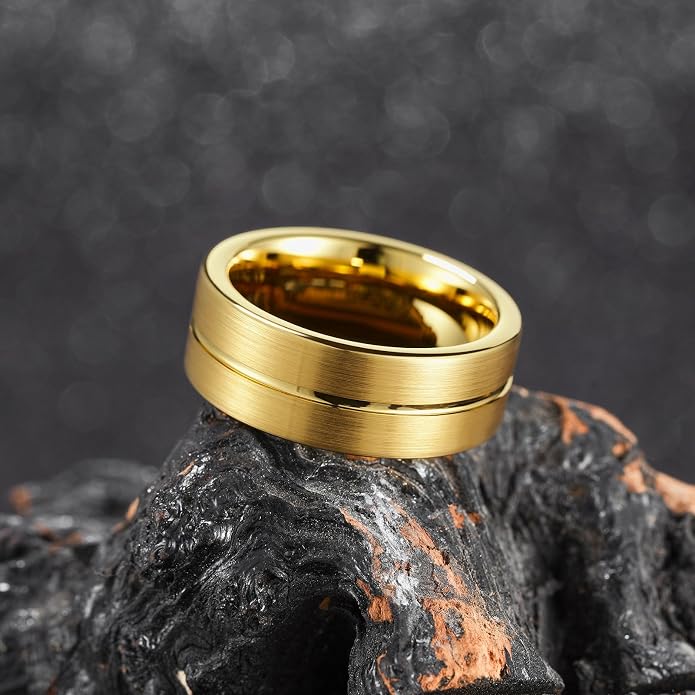 King Will Tungsten Carbide Wedding Band for Men Women-4/6/8mm Width 14K Gold Plated Tungsten Wedding Ring Matte Brushed & High Polished Style Comfort Fit Wedding Band Size 6-14