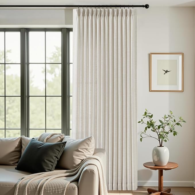 Extra Long Pinch Pleated Curtains 102 Inch Long for Living Room, Linen Blend Pinch Pleat Drapes with Hooks Rings Memory Trained Light Filtering Semi Sheer Curtain for Bedroom, 40W, Natural, 2 Panels