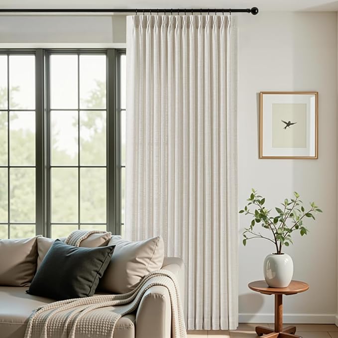 Pinch Pleated Linen Curtains 84 Inch Length 2 Panels Set, Light Filtering Linen Blend Sheer Drapes Memory Trained Pleated Curtain Back Tab with Hooks Rings for Living Room Bedroom, Natural, W40xL84