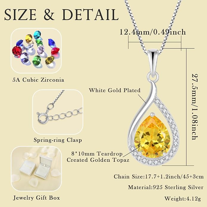 Teardrop Birthstone Necklace for Women 925 Sterling Silver White/Yellow Gold Plated Cubic Zirconia Pendant Necklace Jewelry for Her