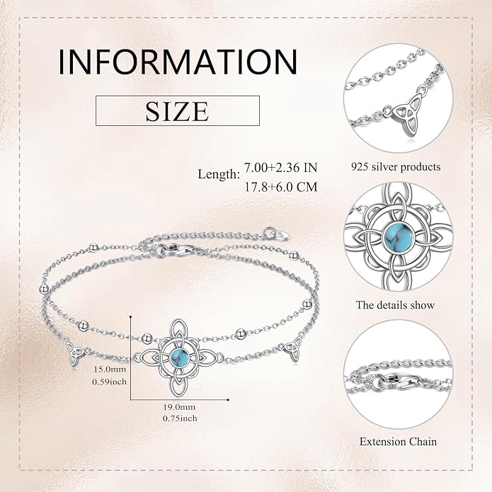 VONALA Witches Knot/Compass/Dragonfly/Clover Bracelet Sterling Silver Adjustable Charm Bracelet Summer Beach Foot Chain Jewelry for Women Gifts