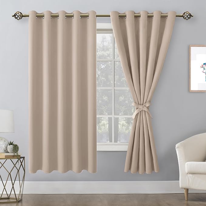 Hiasan Blackout Curtains for Bedroom, 60 x 63 Inches Length - Thermal Insulated & Light Blocking Window Curtains for Living Room/Kids Room, 2 Drape Panels Sewn with Tiebacks, Camel