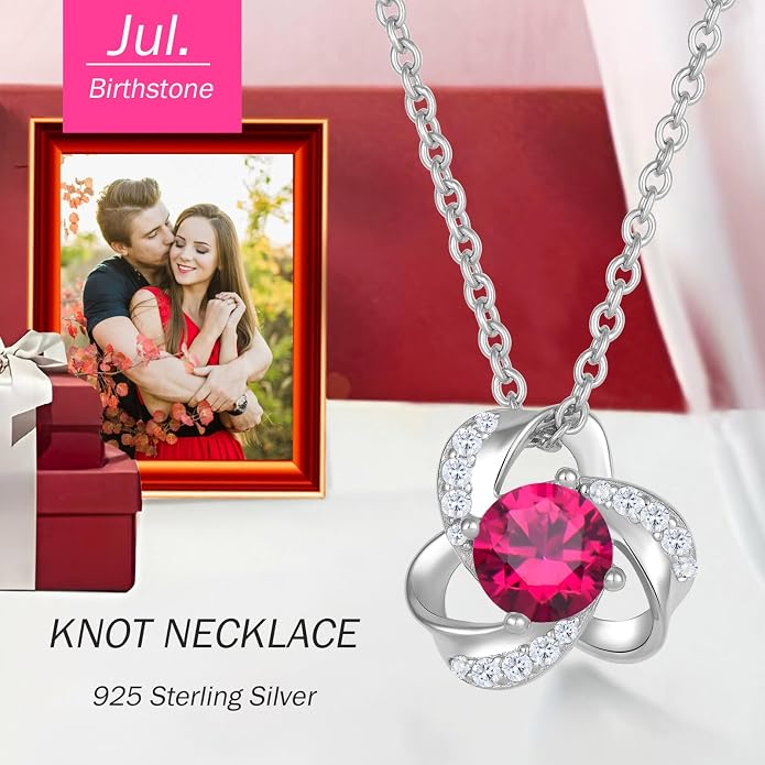 18K Gold Plated Love Knot Necklace for Women, 925 Sterling Silver Round cut Birthstone Pendant Necklace With Chain Lucky Flower Jewelry Gift