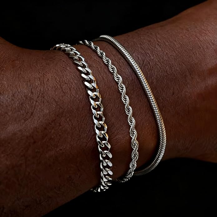Mens Bracelet - Dainty Gold/Silver Chain Bracelet Stack 14K Gold Plated Silver Bracelets for Men Stainless Steel Adjustable Cross Charm Cuban Link Bracelet Snake Jewelry Set to Men Dad Birthday Day