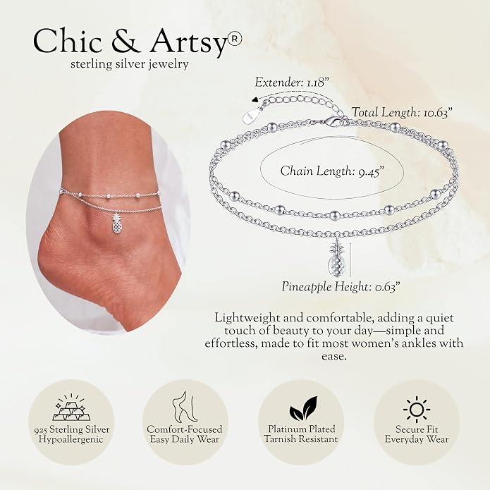 CHIC & ARTSY 925 Sterling Silver Ankle Bracelets for Women, Adjustable Layered Foot Chains with Nature & Symbol Charms, Lightweight Comfort Fit Boho Beach Everyday Jewelry