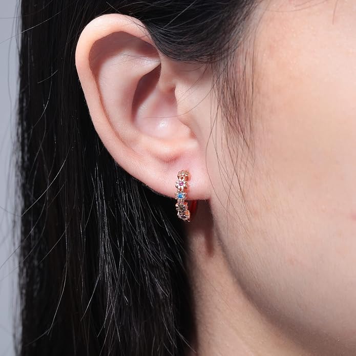 CiNily Small Hoop Earrings for Women Girls Flower Cubic Zirconia Huggie Earrings Hypoallergenic 14K Yellow Gold Plated Cartilage Earrings