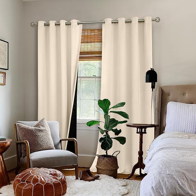 BGment Thermal Insulated 100% Blackout Curtains 90 Inch Length 2 Panels, Total Light Blocking Curtains for Bedroom, Grommet Window Drapes with Thick Black Liner, 52 Inch Wide Each Panel, Champagne