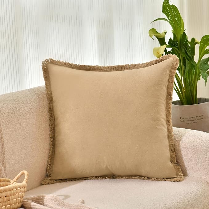 ZWJD Pillow Covers 26x26 Set of 2 Khaki Throw Pillow Covers with Fringe Chic Cotton Decorative Pillows Square Cushion Covers for Sofa Couch Bed Living Room Farmhouse Boho Decor