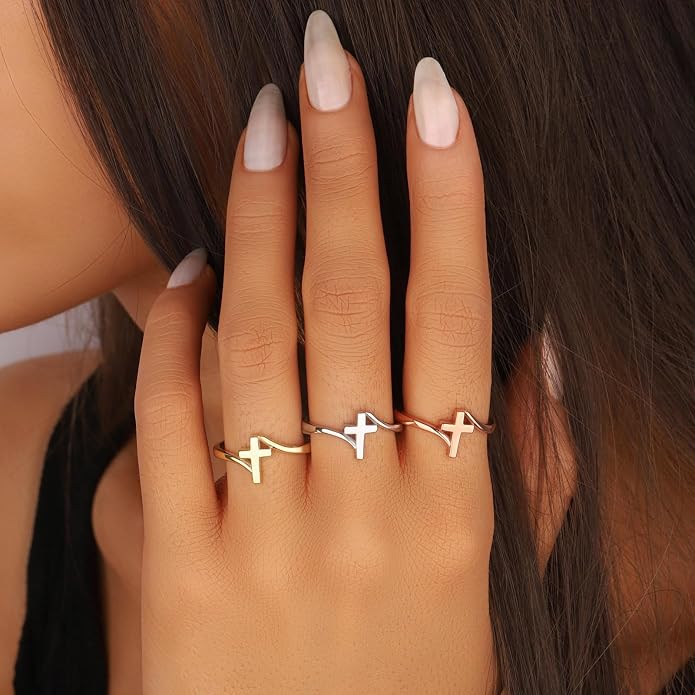 Gold Cross Statement Rings for Women 14K Gold Silver Tone Non Tarnish Cute Band High Polished Smooth Comfort Fit Size 5-10