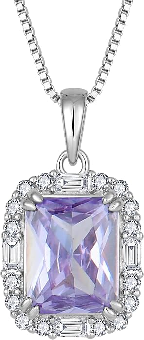 Princess Cut Necklaces for Women, 925 Sterling Silver Emerald Cut Birthstone Pendant Necklace Halo Square Rectangle Jewelry Gifts for Her