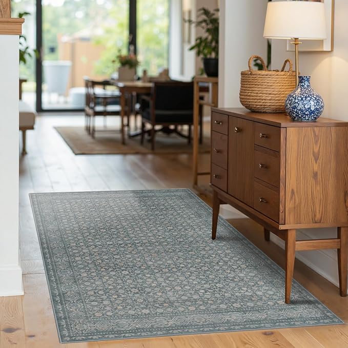 Rugxara 3x5 Washable Entryway Rug, Non Slip Boho Runner Rugs for Hallway, Entrance, Kitchen, Bathroom, Laundry Room, Soft Entryway Carpet, Throw Low Pile Retro Imitation Wool Carpet, Soft Blue
