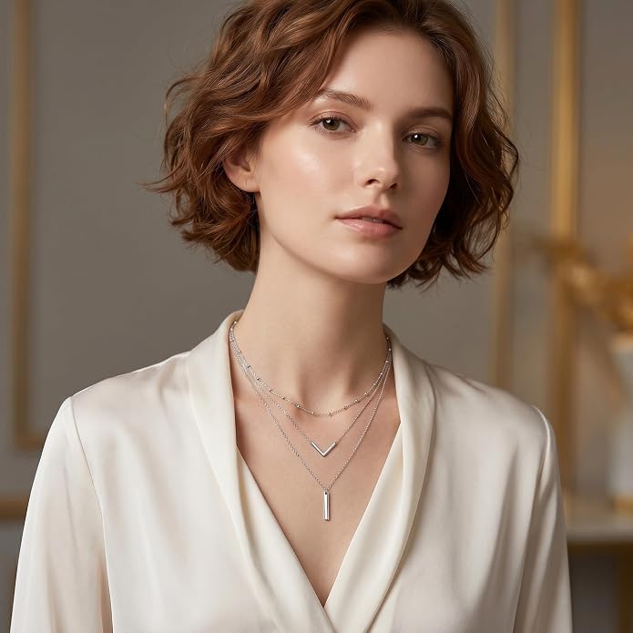 MONGAS Boho Layered Necklace Sterling Silver Triple 3 Stacked Vertical Bar Triangle Long Layering Necklaces Christmas Jewelry Gifts for Women