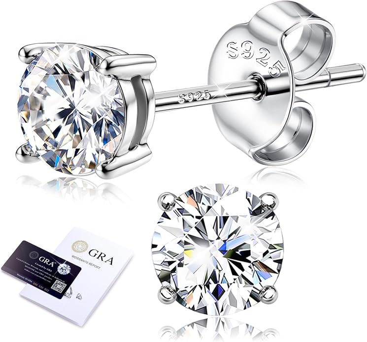 Moissanite Stud Earrings 18K White Gold Plated Brilliant Round Cut Solid 925 Sterling Silver Hypoallergenic Dainty Moissanite Jewelry for Sensitive Ear D Color VVS1 Clarity for Women Men 0.8CT-3CT